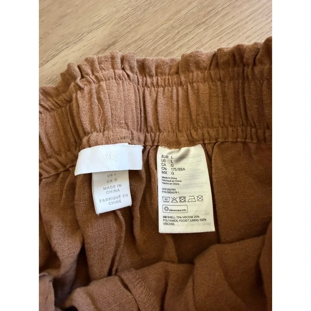 HM Womens Terracotta Brown Wide Leg Paperbag Waist Pants Large L Linen Look